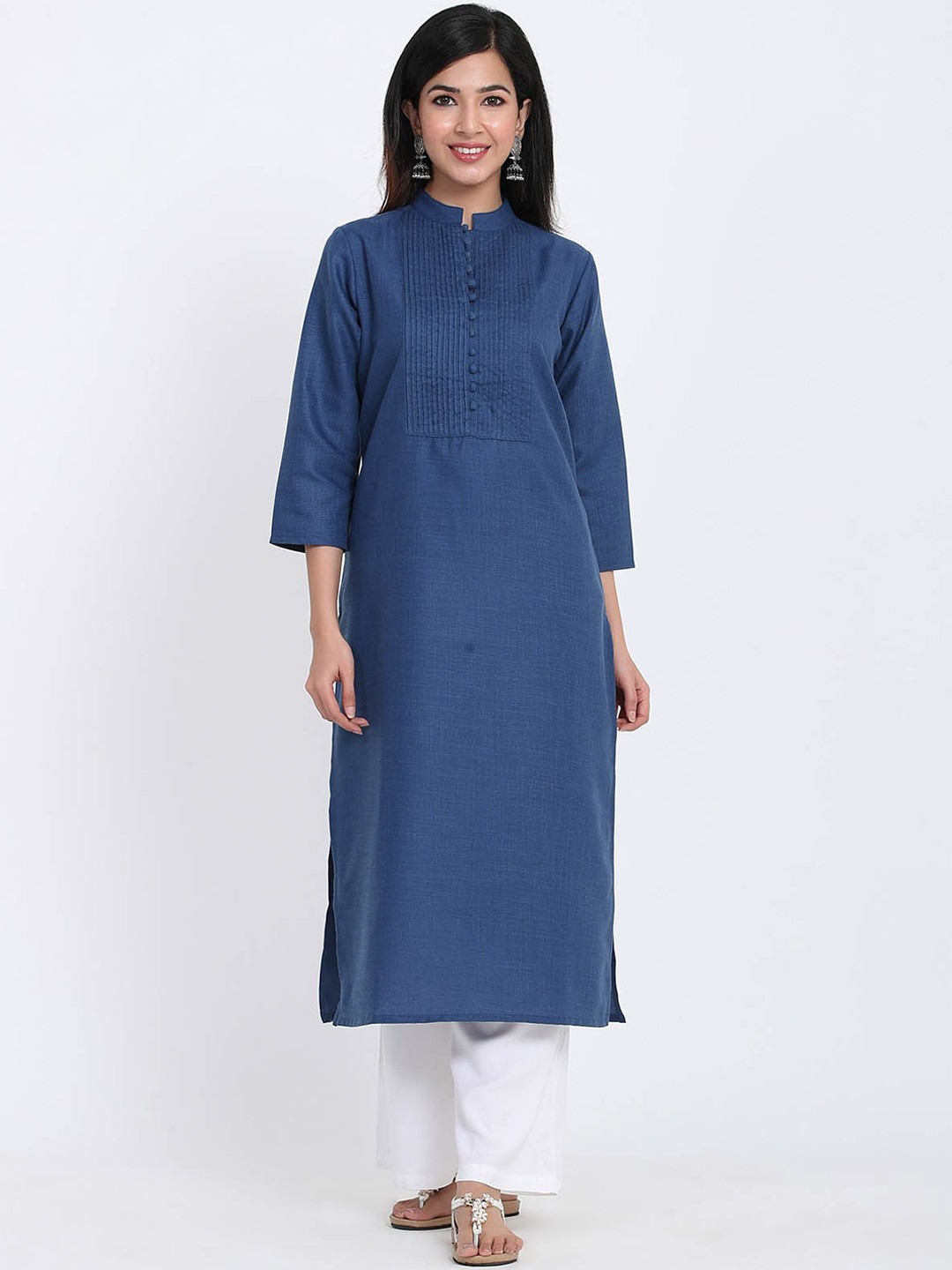 

ODETTE Yoke Design Mandarin Collar Three-Quarter Straight Kurta, Blue