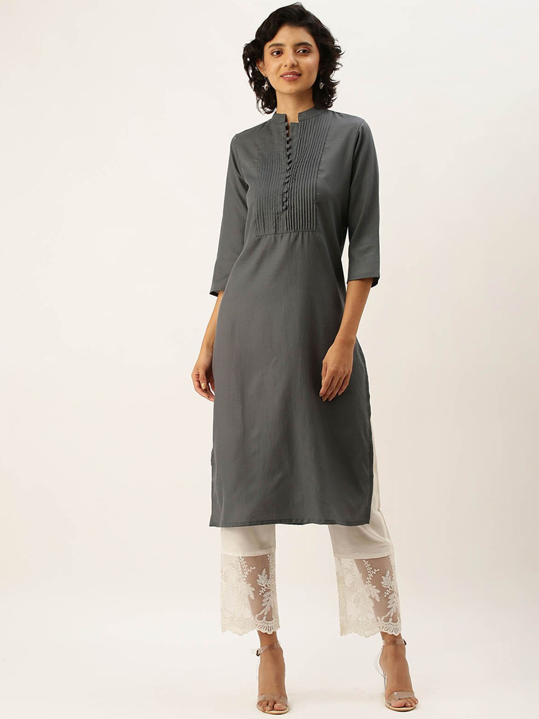 

ODETTE Yoke Design Mandarin Collar Three-Quarter Straight Kurta, Grey