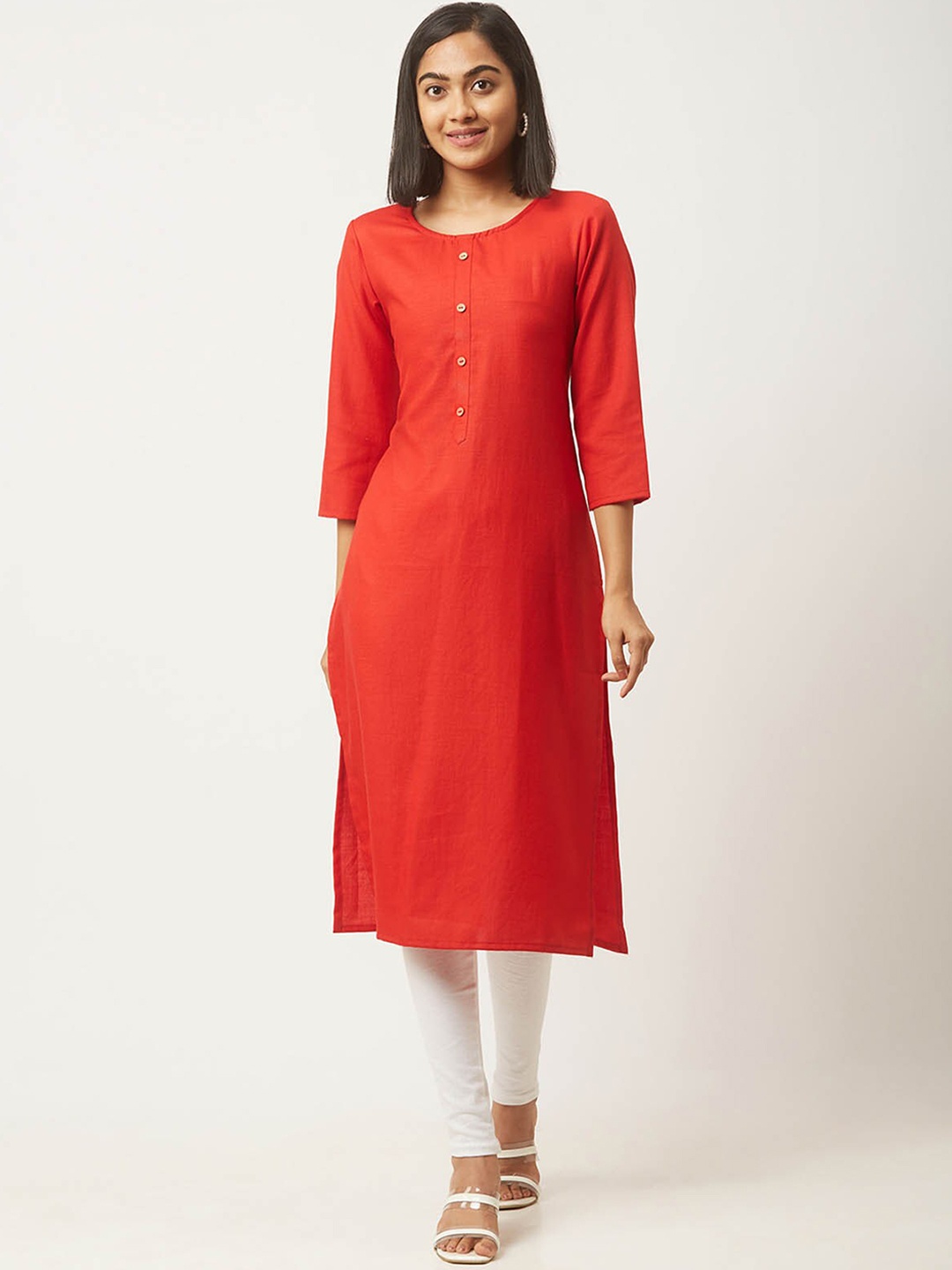 

ODETTE Round Neck Three-quarter Sleeves Straight Kurta, Red