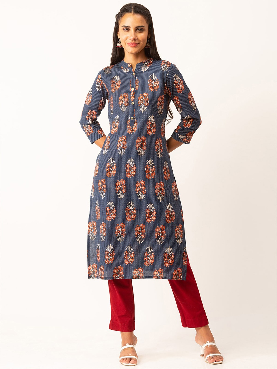 

ODETTE Ethnic Motifs Printed Madarin Collar Cotton Kurta, Blue