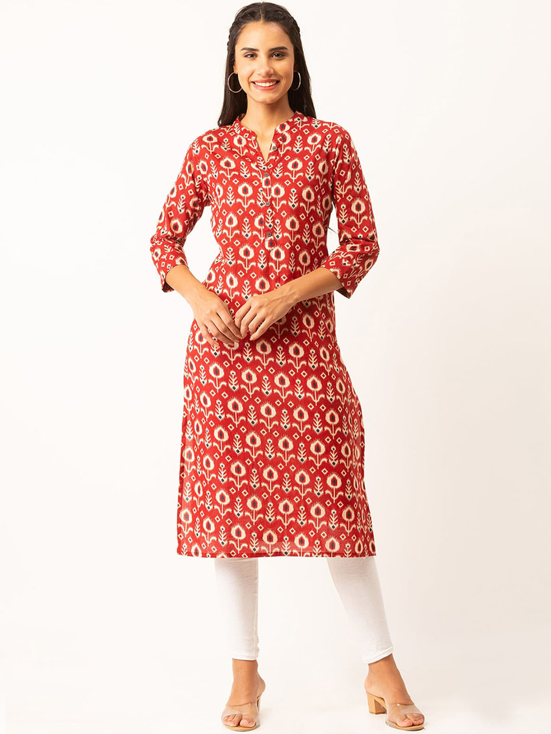 

ODETTE Ethnic Motifs Printed Mandarin Collar Kurta, Red