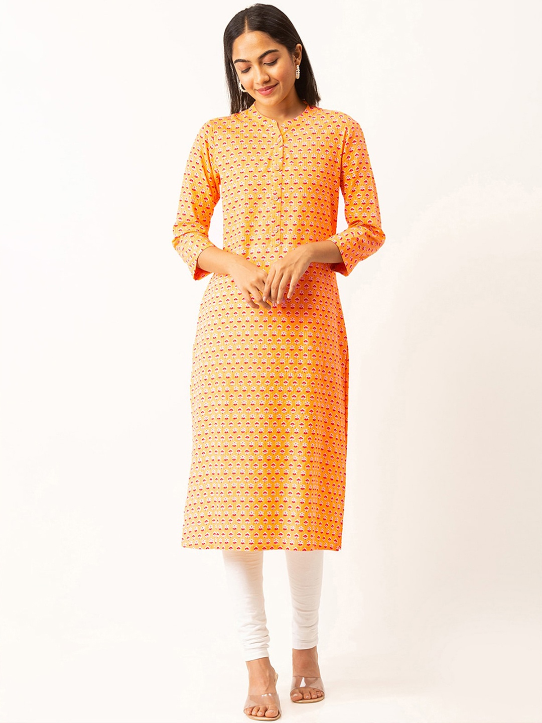 

ODETTE Quirky Printed Mandarin Collar Thread work Straight Kurta, Yellow