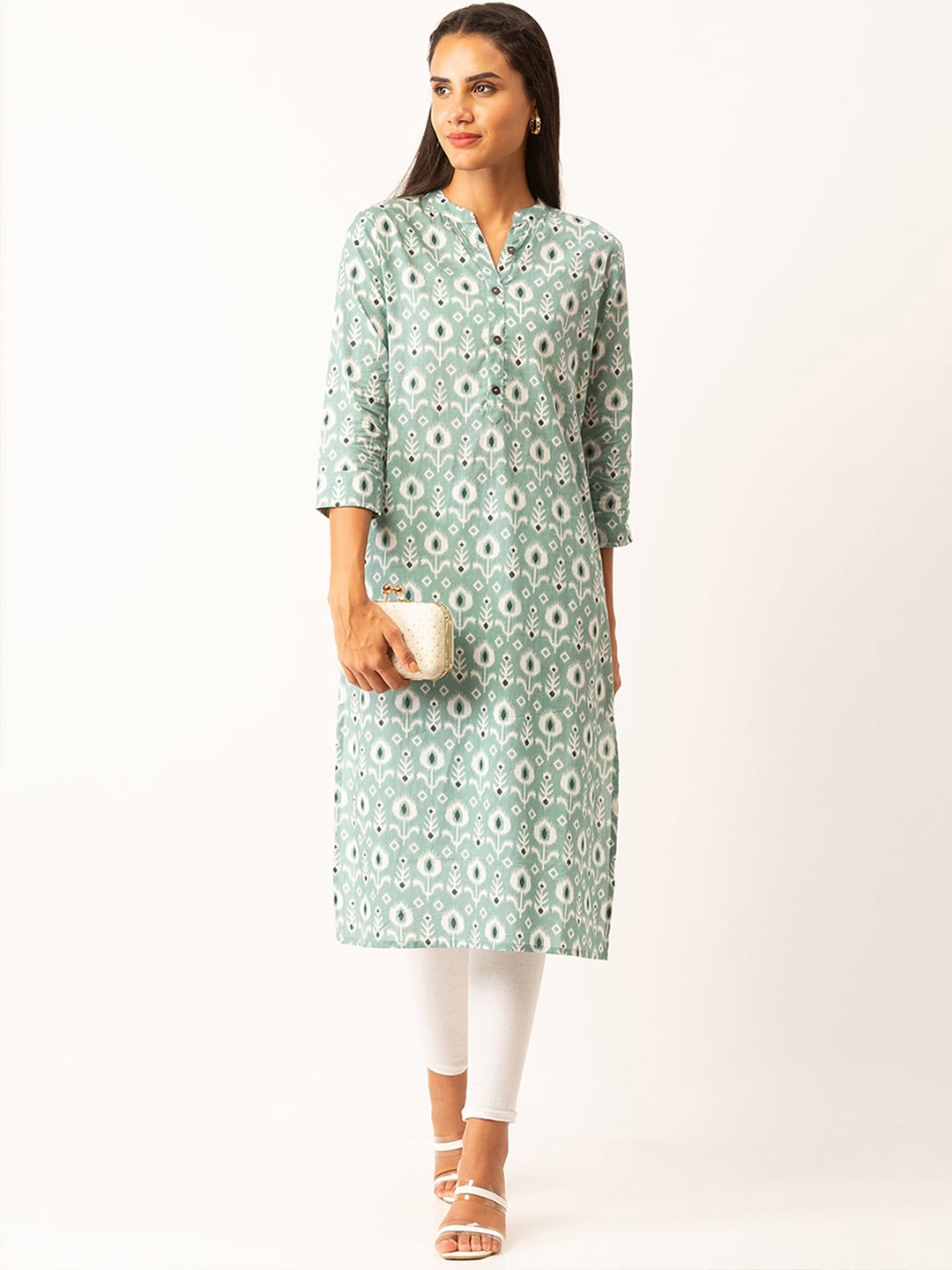 

ODETTE Ethnic Motifs Printed Mandarin Collar Straight Kurta, Grey