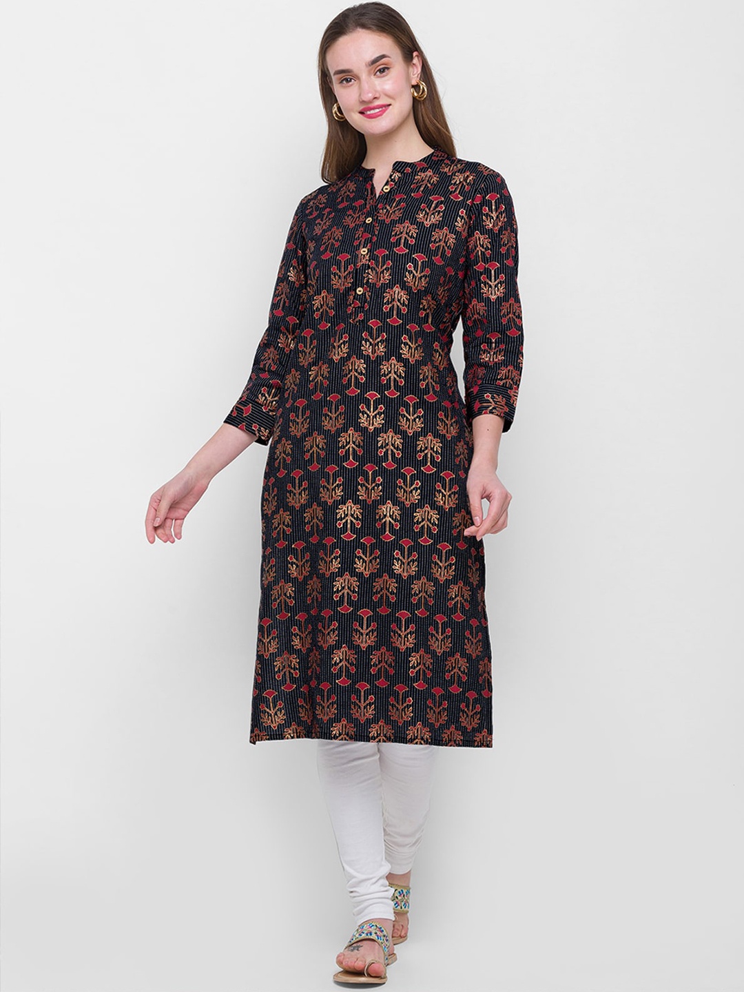 

ODETTE Ethnic Motifs Printed Mandarin Collar Straight Kurta, Black