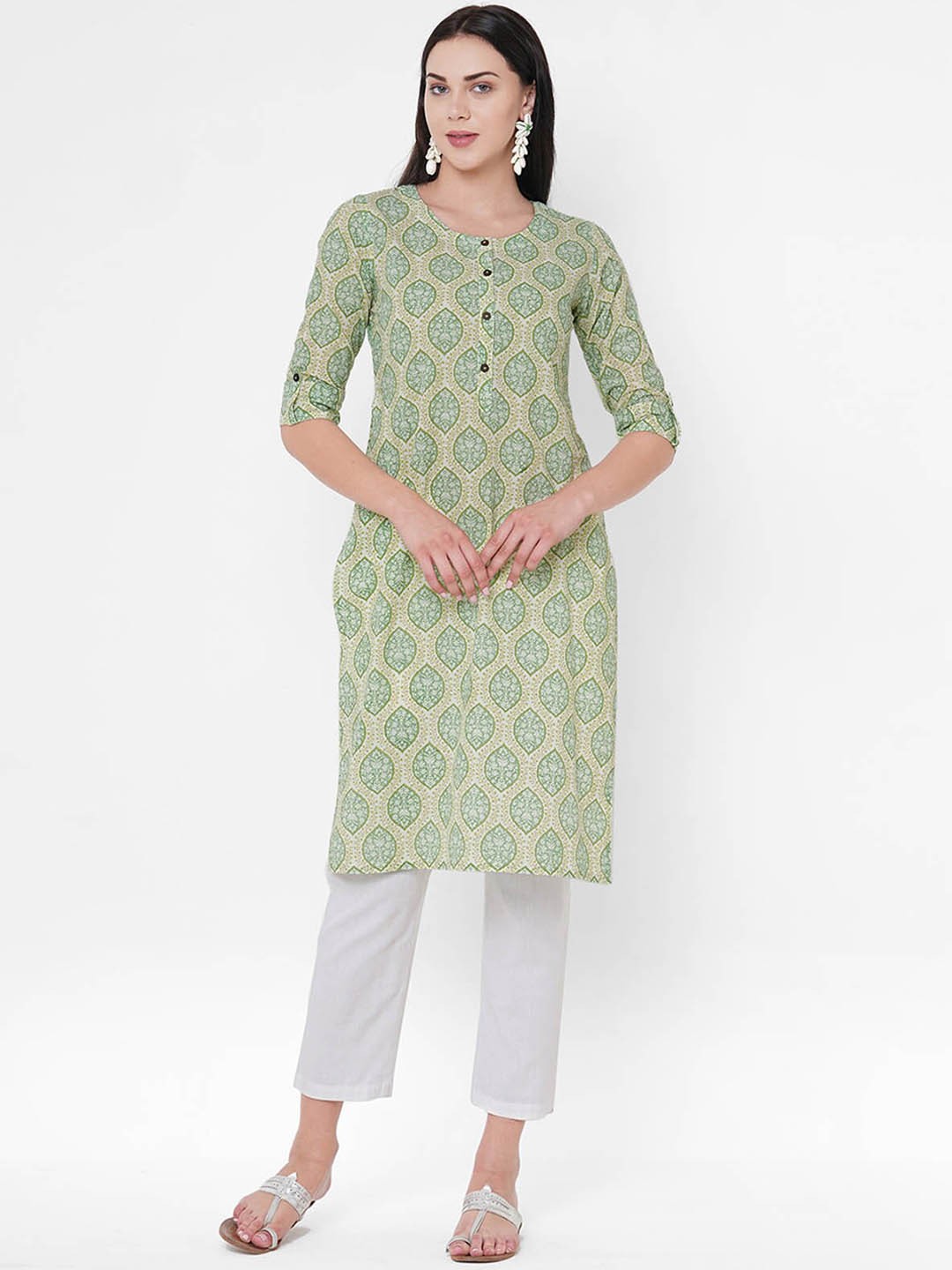 

ODETTE Floral Printed Round Neck Cotton Straight Kurta, Green