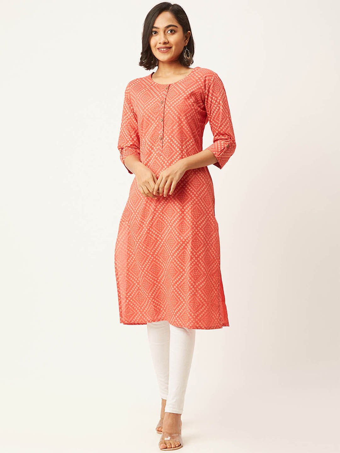 

ODETTE Geometric printed Round Neck Roll-Up Sleeves Straight Kurta, Red