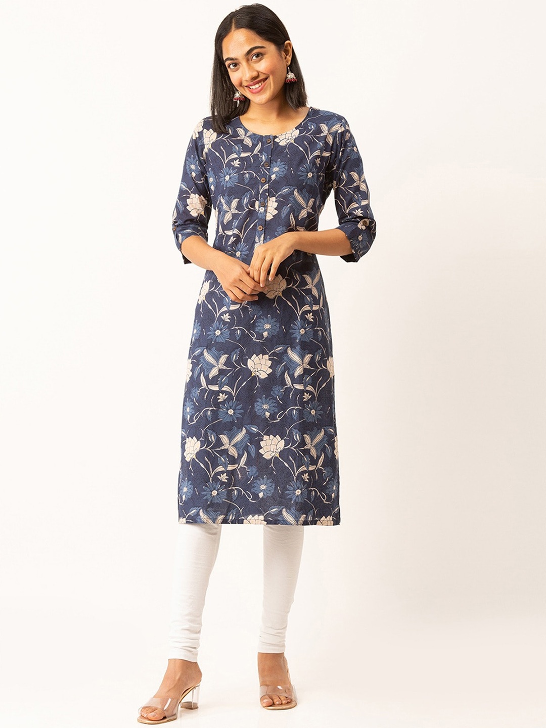 

ODETTE Floral Printed Round Neck Cotton A-Line Kurta, Blue