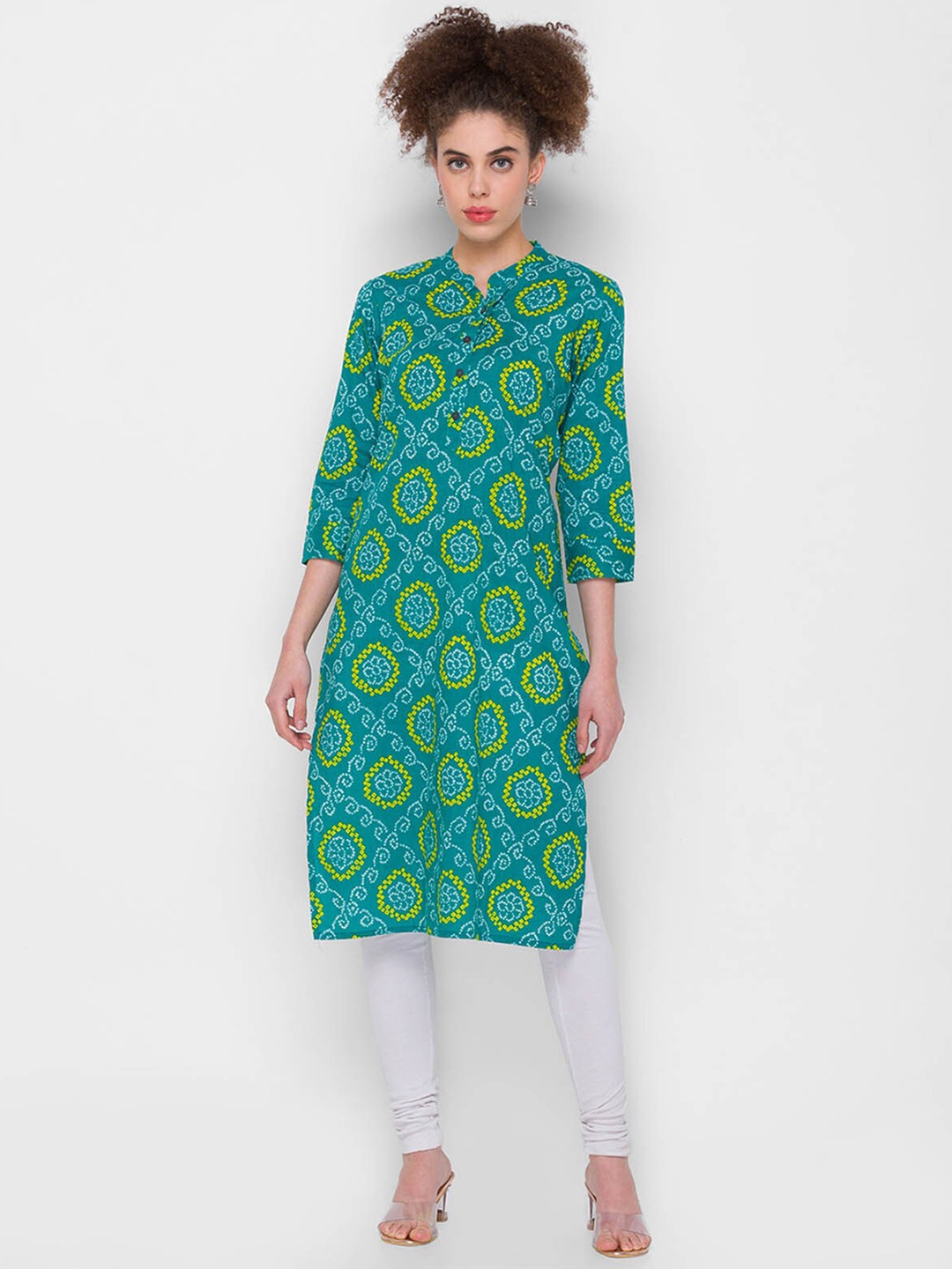 

ODETTE Bandhani Printed Mandarin Collar Cotton Straight Kurta, Sea green