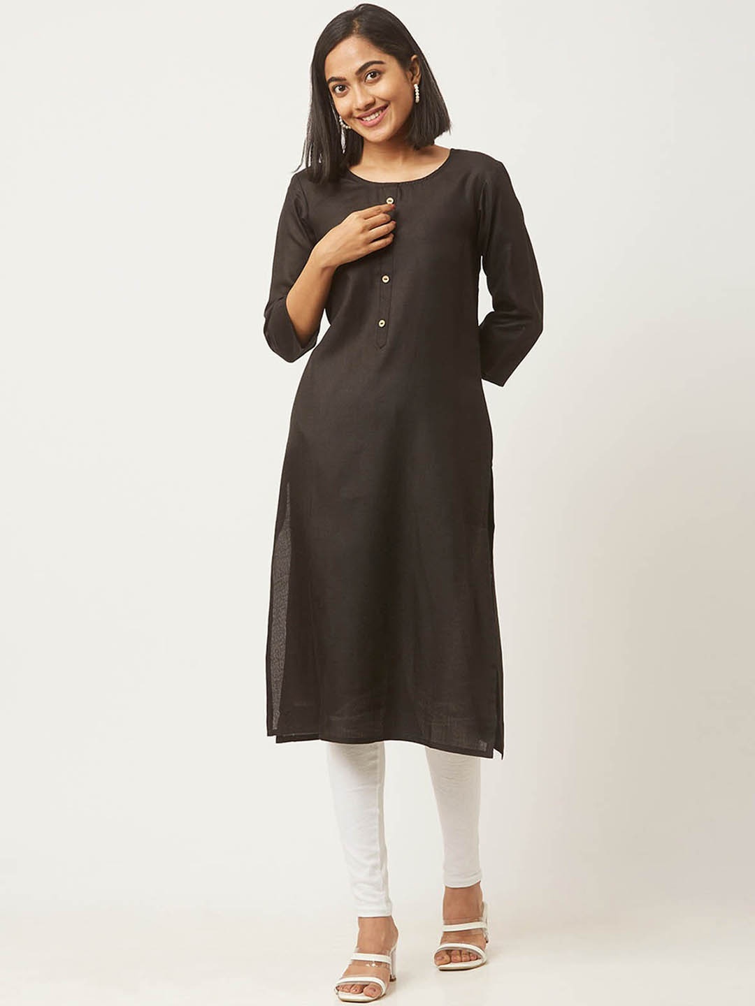 

ODETTE Round Neck Cotton Straight Kurta, Brown