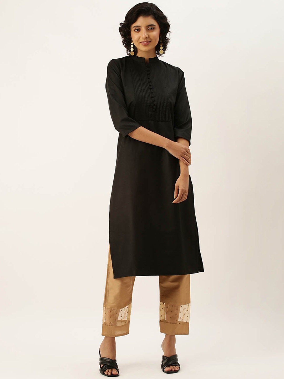 

ODETTE Mandarin Collar Straight Kurta, Black