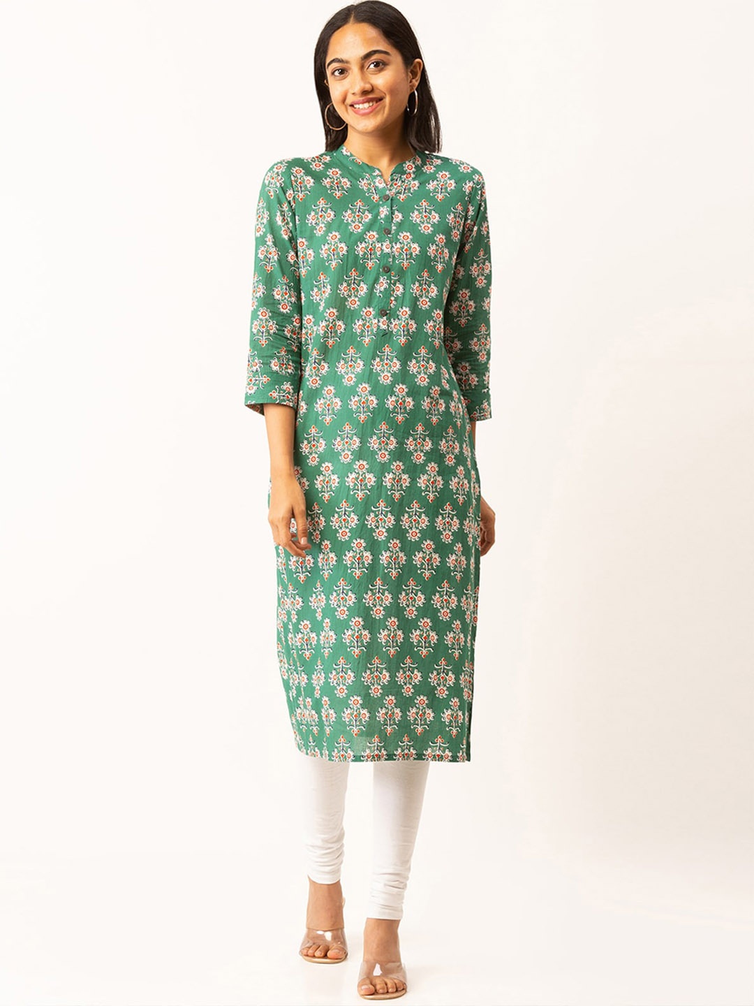 

ODETTE Floral Printed Cotton Kurta, Green