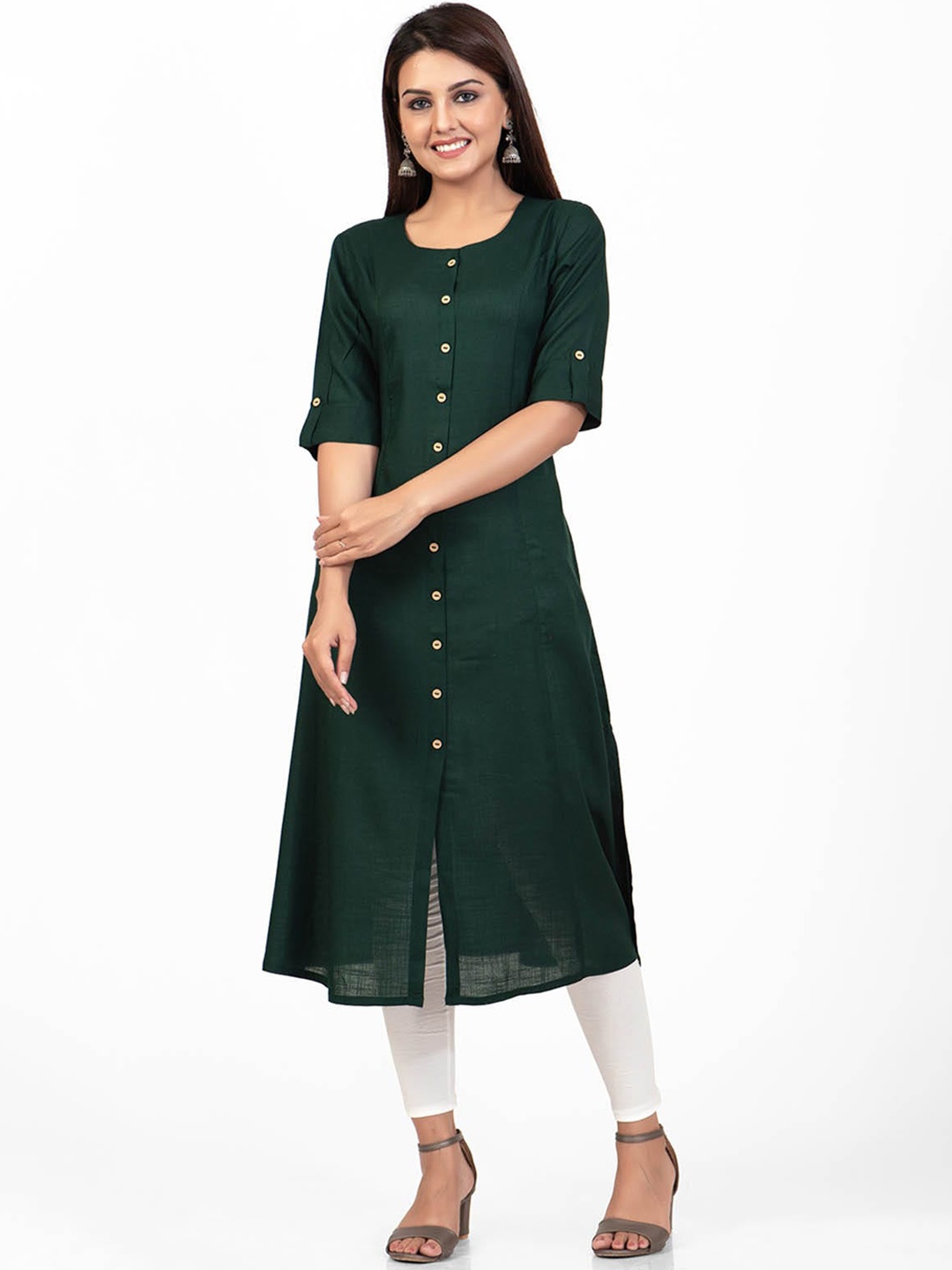 

ODETTE Round Neck Roll-Up Sleeves Straight Casual Kurta, Green