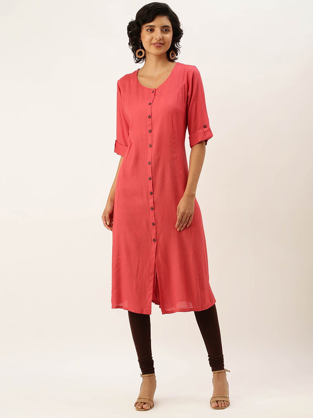 

ODETTE Round Neck Roll-Up Sleeves Straight Casual Kurta, Pink