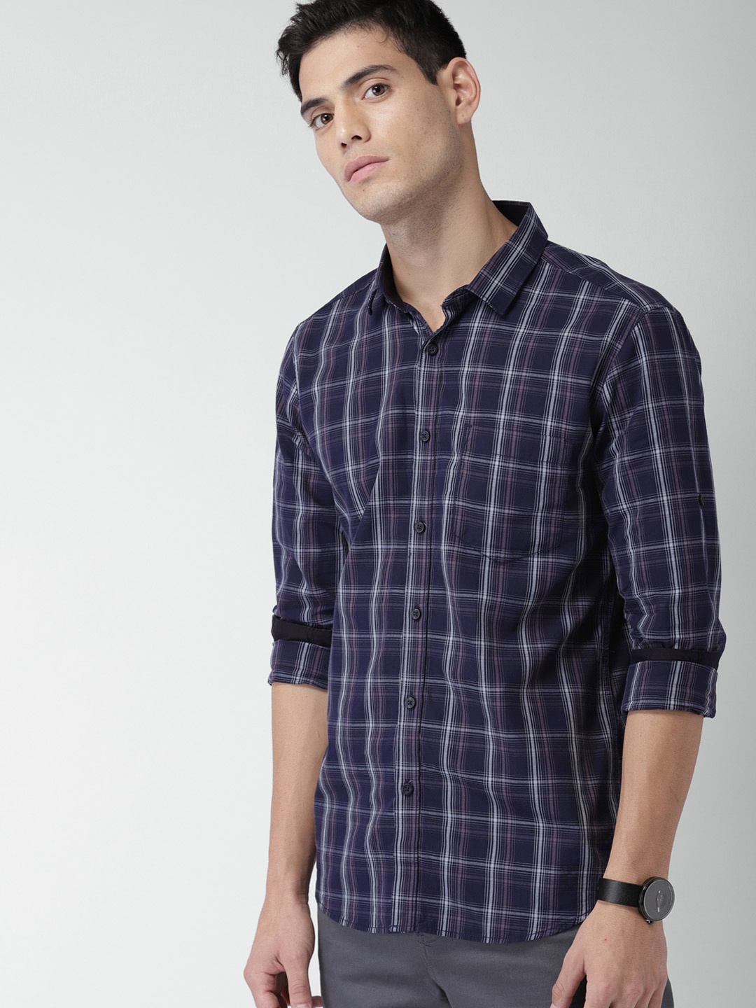 

HIGHLANDER Men Navy Blue Slim Fit Checked Casual Shirt