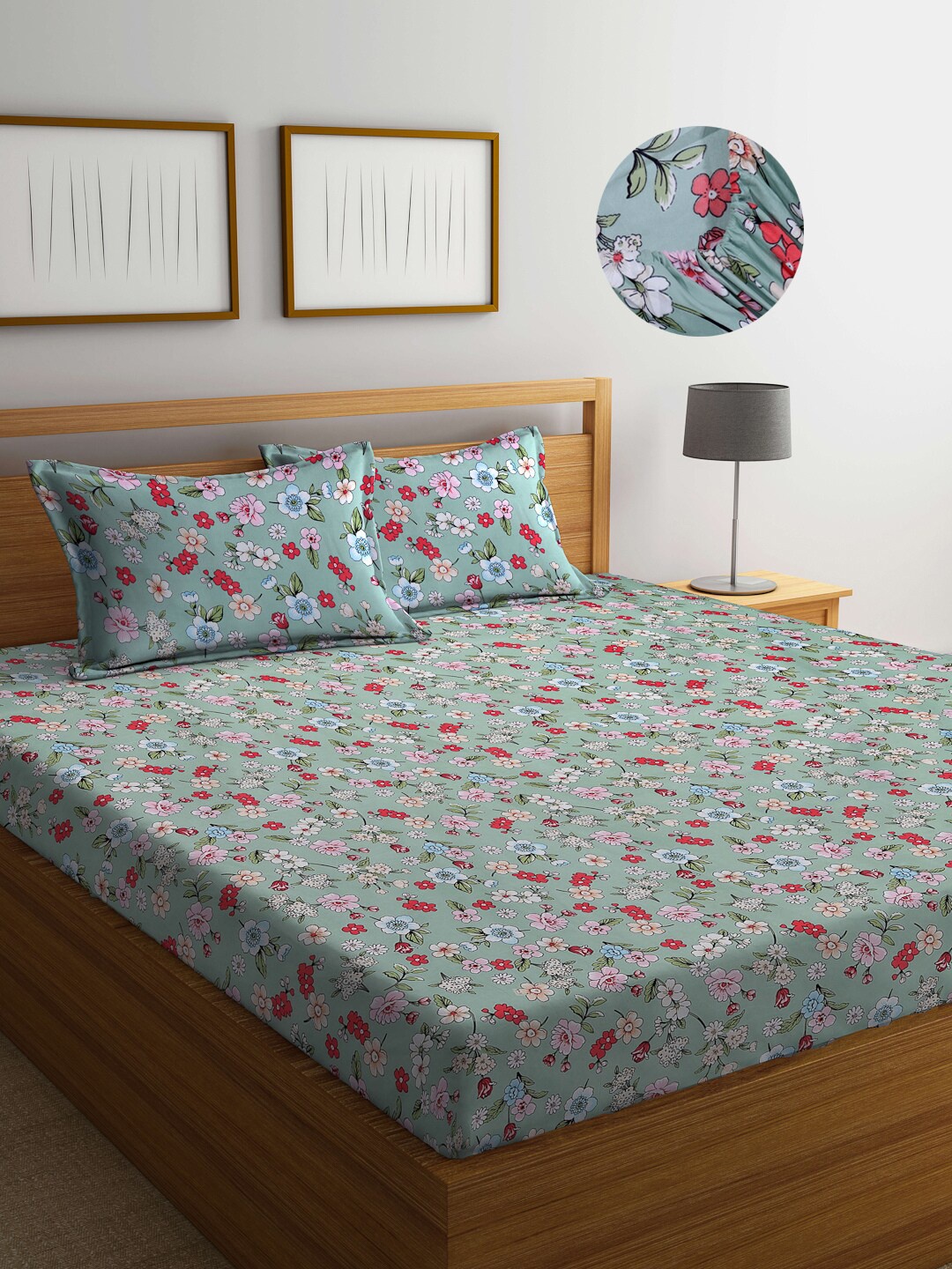 

FABINALIV Blue & Red Floral Print Fitted 300 TC King Bedsheet With 2 Pillow Covers