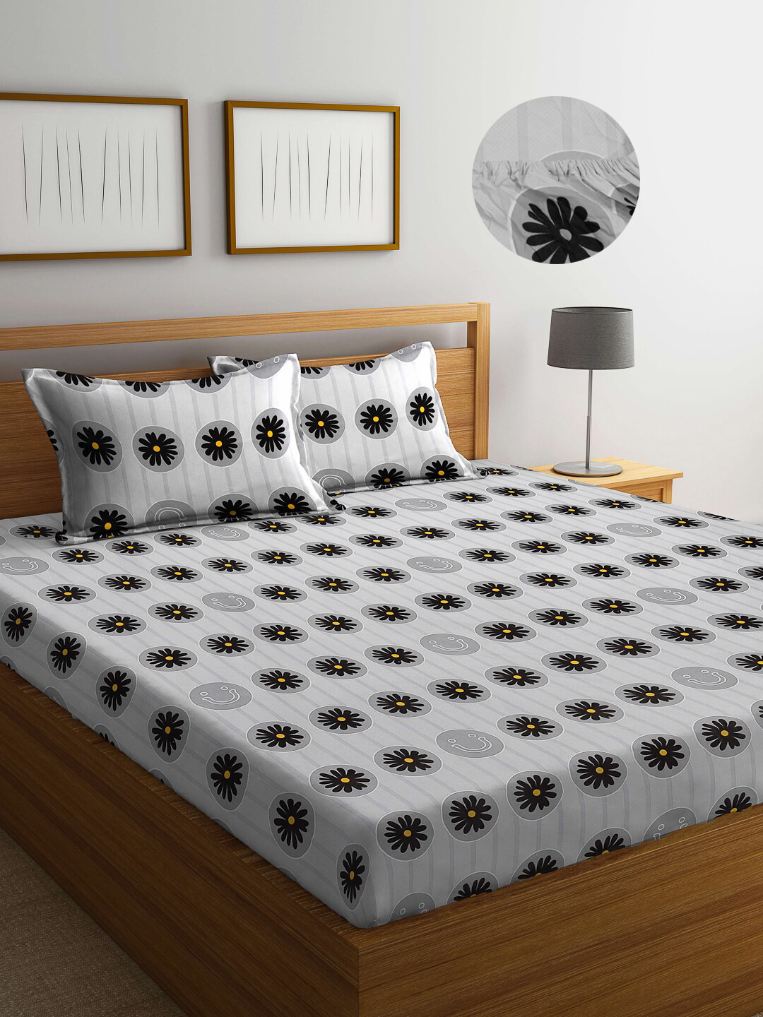 

FABINALIV Grey & White Floral Print 300 TC Fitted Super King Bedsheet & 2 Pillow Covers