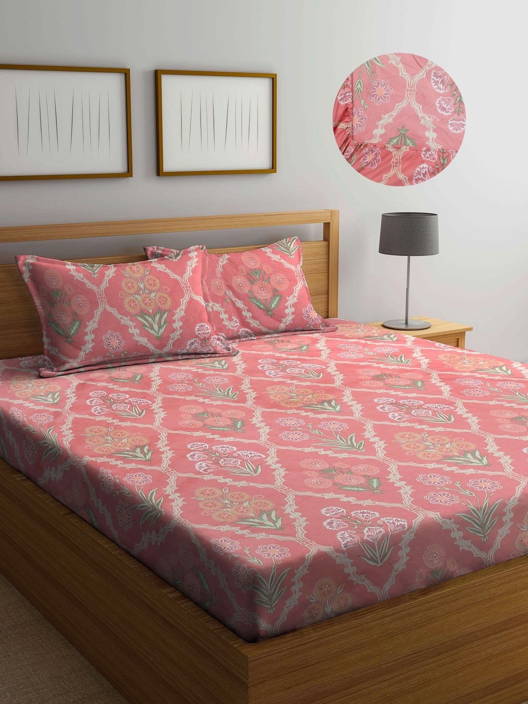

FABINALIV Pink & Green Floral Print 300 TC Fitted Super King Bedsheet & 2 Pillow Covers