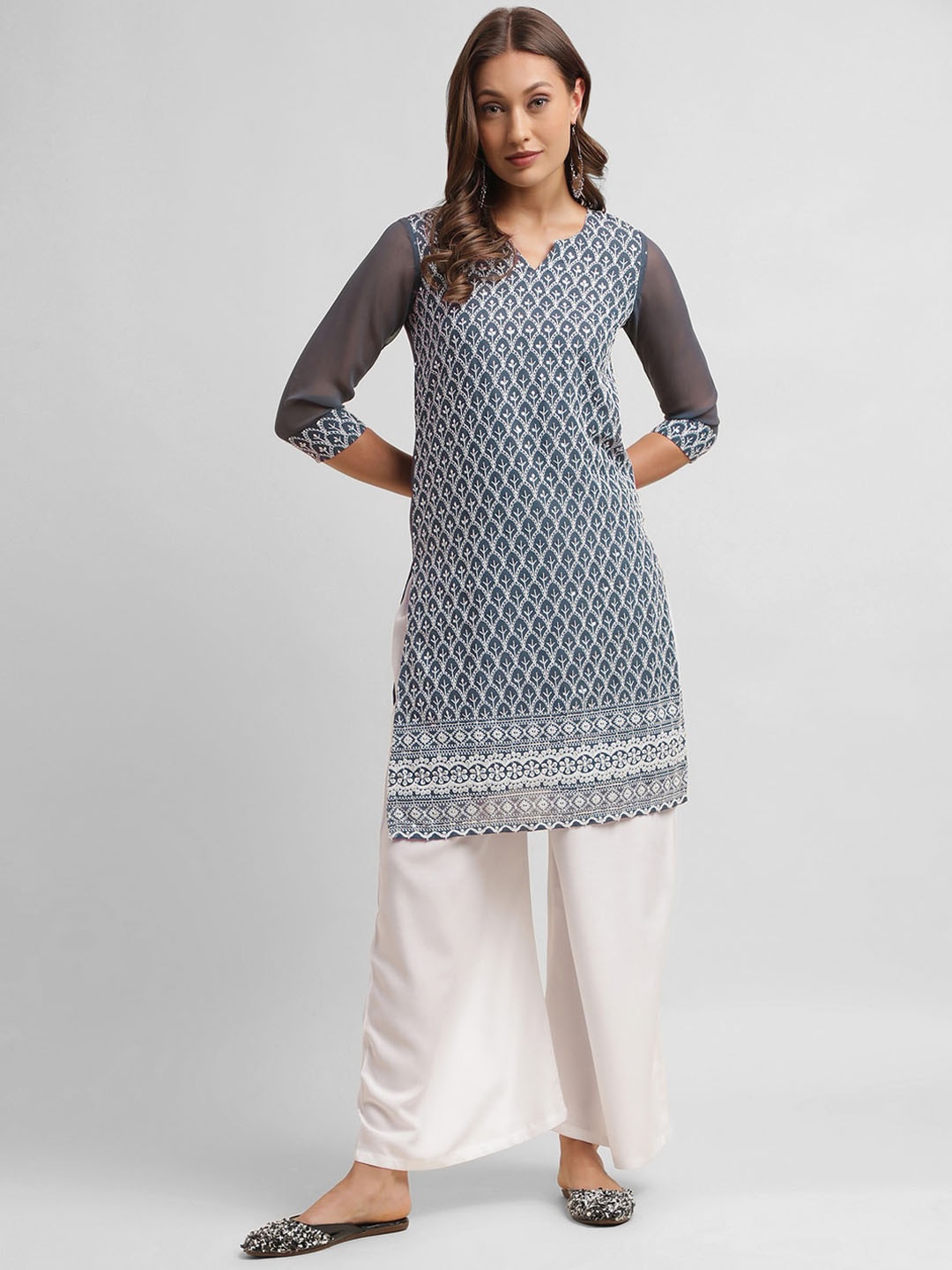 

KALINI Ethnic Motifs Embroidered Round Neck Georgette Kurta, Grey