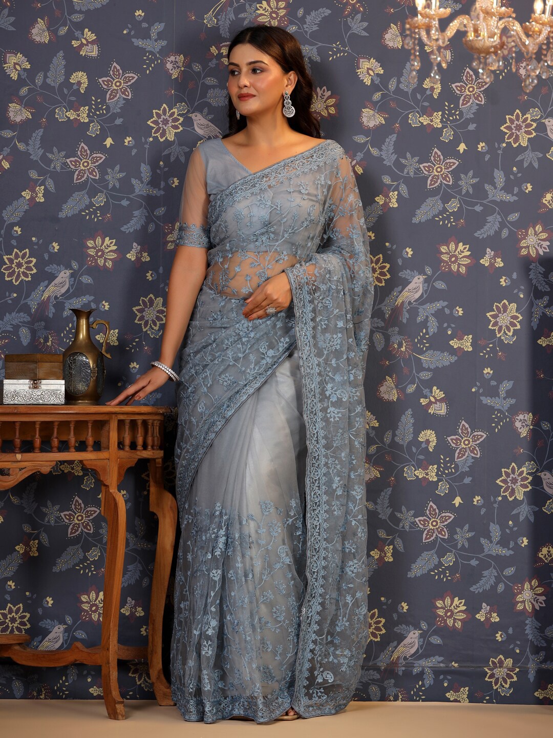 

House of Pataudi Floral Embroidered Net Saree, Grey