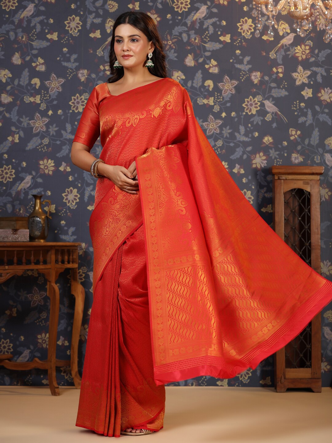 

House of Pataudi Ethnic Motifs Woven Design Saree With Unstitched Blouse Piece, Red