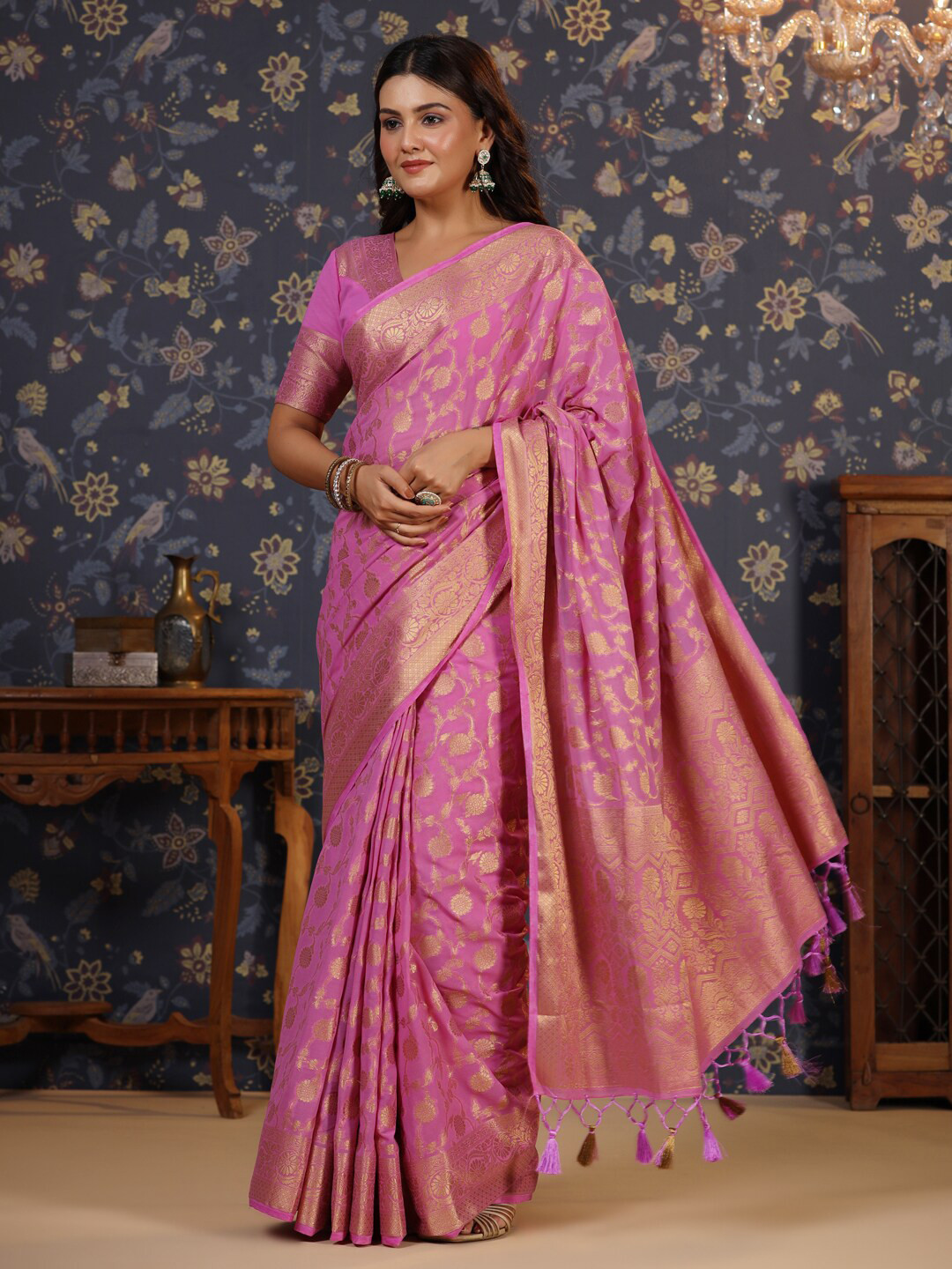 

House of Pataudi Kanjeevaram Saree With Blouse, Pink
