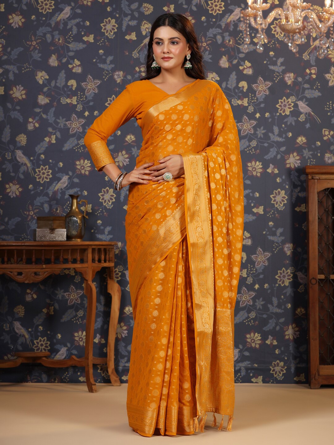 

House of Pataudi Zari Kanjeevaram Saree With Blouse, Mustard