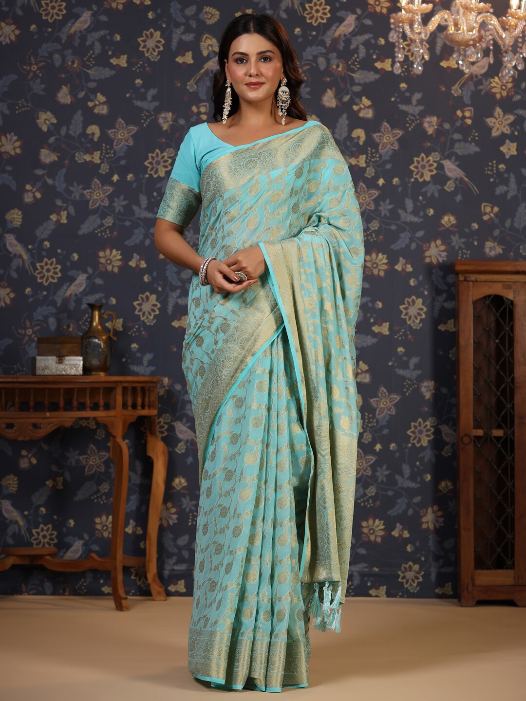 

House of Pataudi Woven Design Pure Georgette Saree, Blue