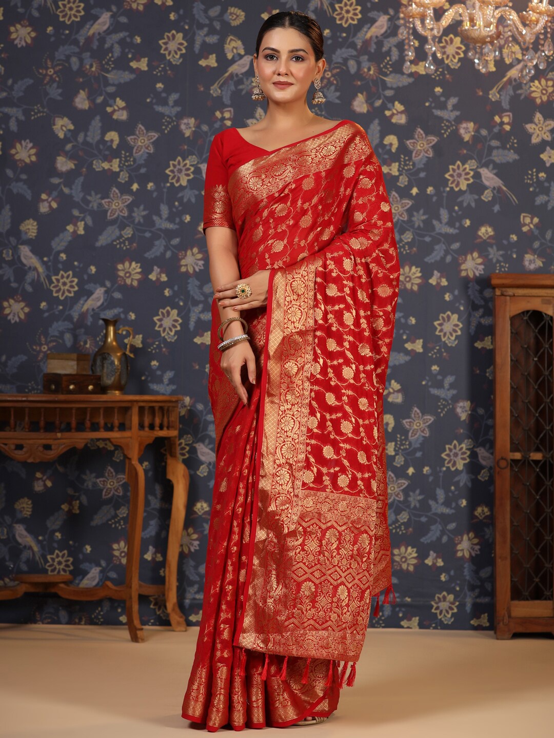 

House of Pataudi Floral Woven-Designed Saree With Blouse Piece, Red