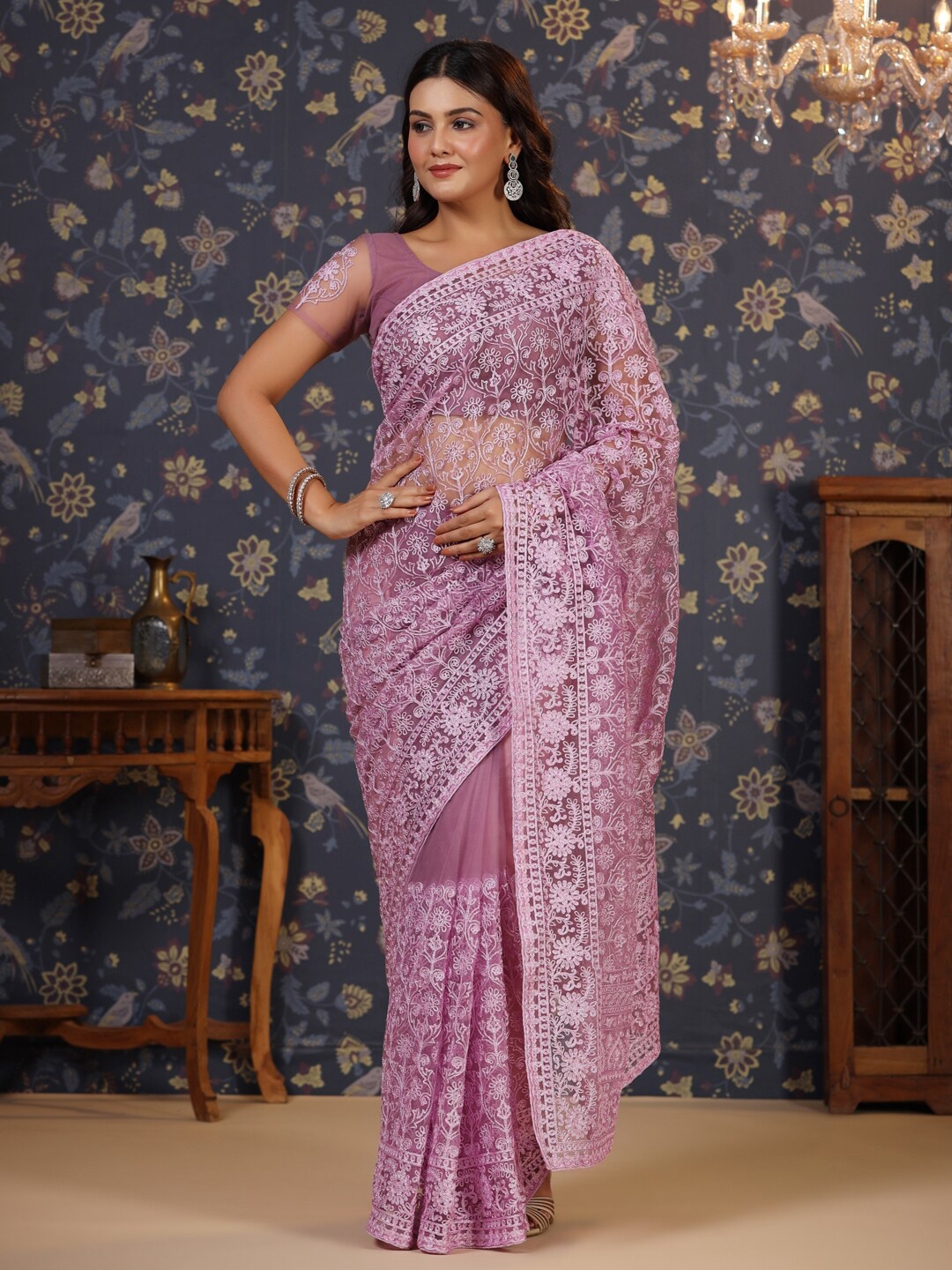 

House of Pataudi Floral Embroidered Net Saree, Purple