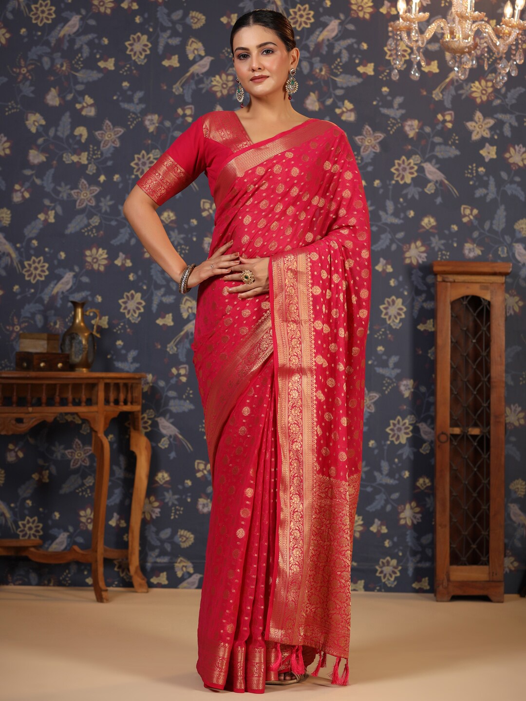 

House of Pataudi Ethnic Motifs Woven Designed Zari Pure Georgette Saree, Pink