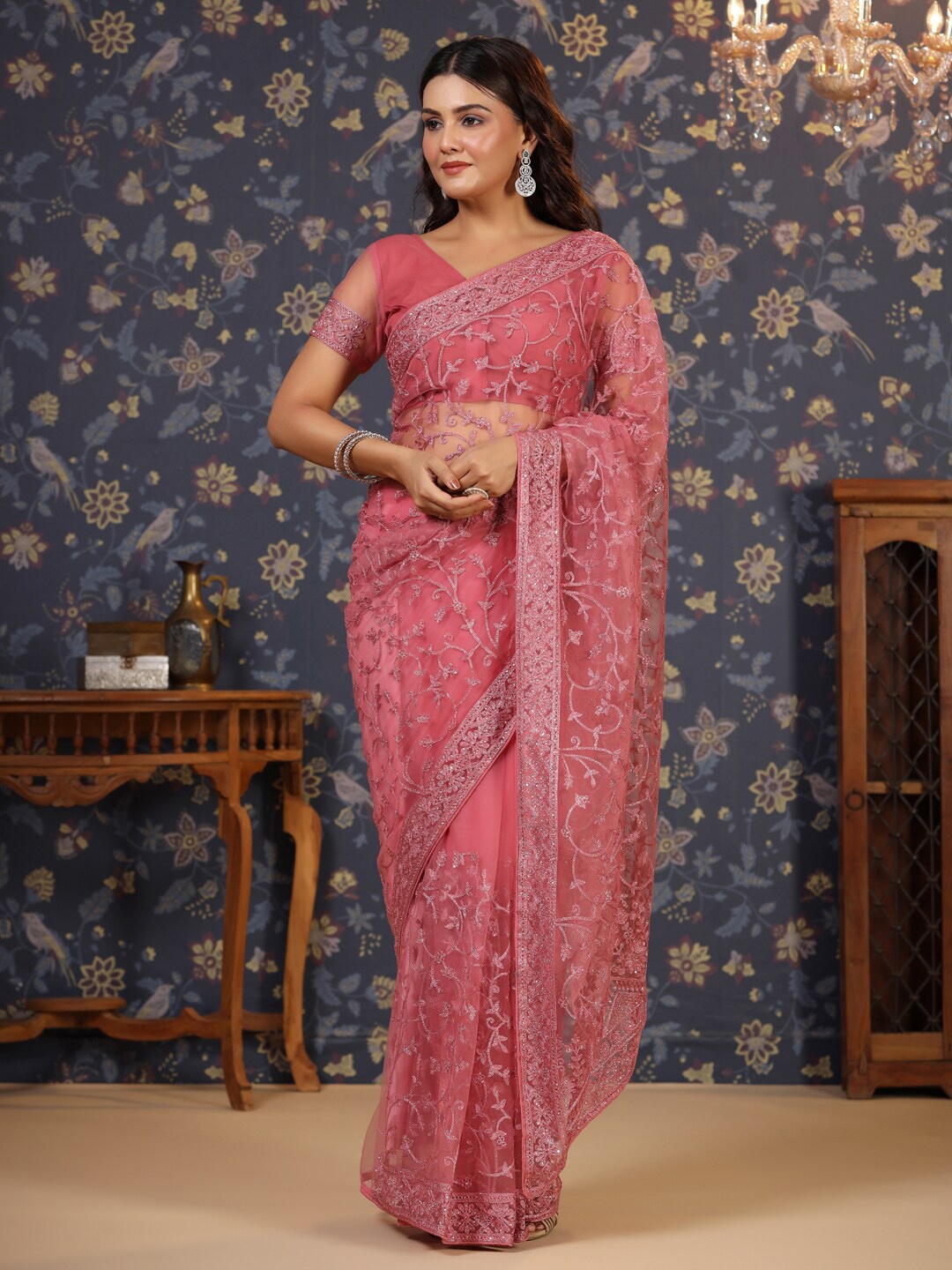 

House of Pataudi Ethnic Motifs Embroidered Saree, Pink