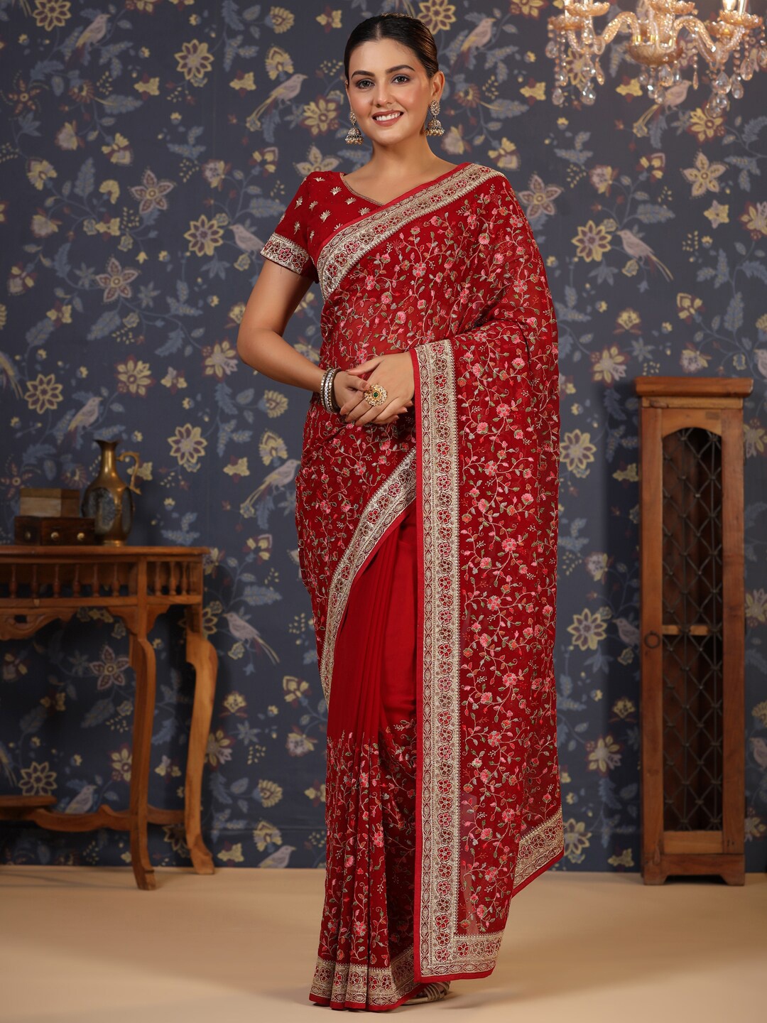 

House of Pataudi Floral Woven Design Embroidered Saree, Maroon