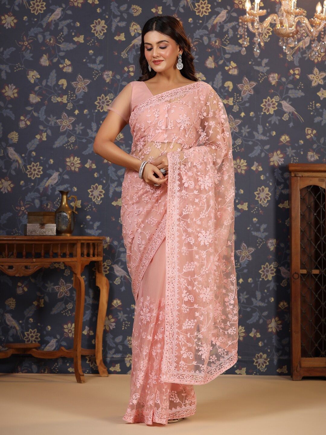 

House of Pataudi Floral Embroidered Net Saree, Peach