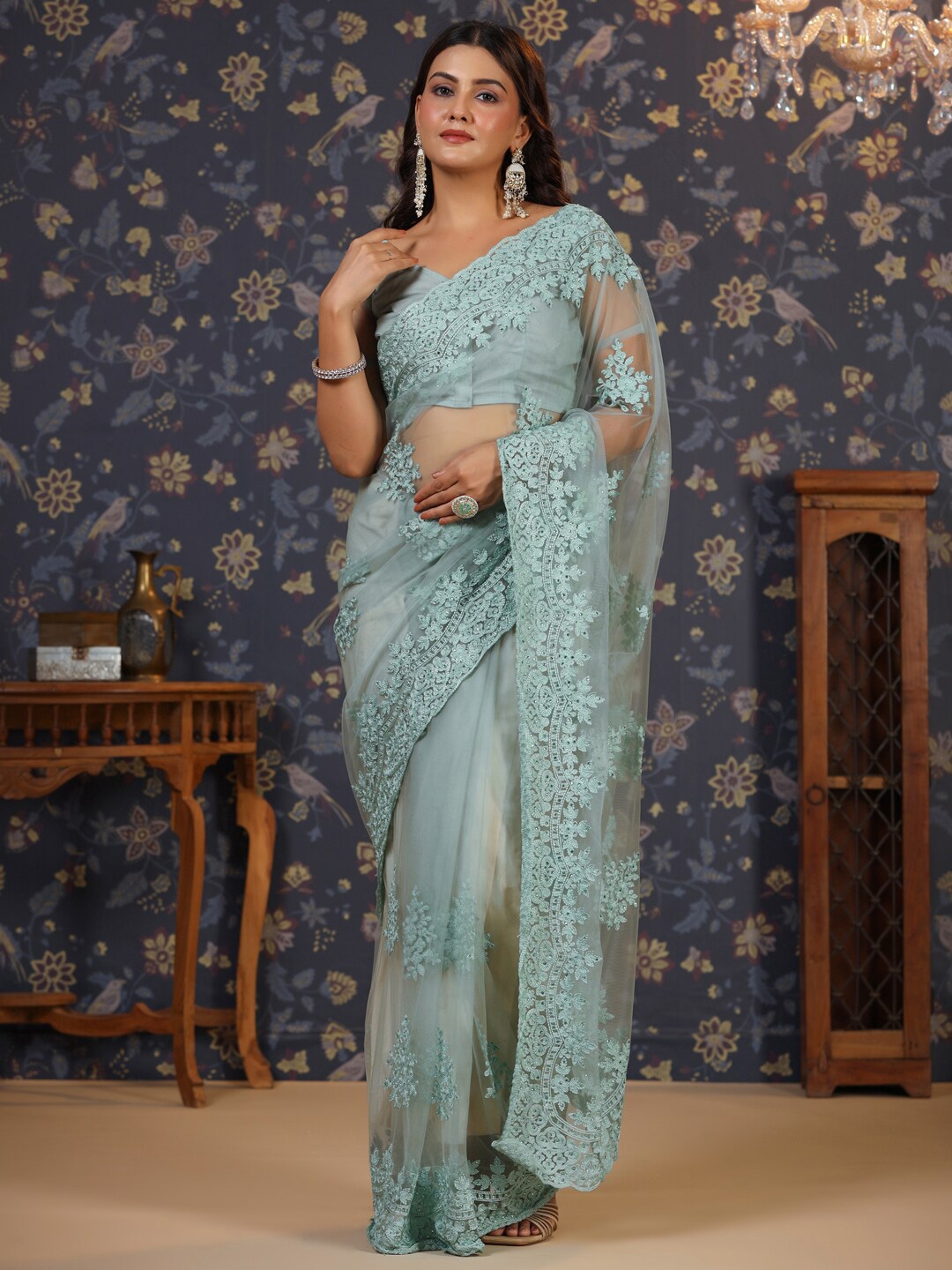 

House of Pataudi Floral Embroidered Net Saree, Sea green