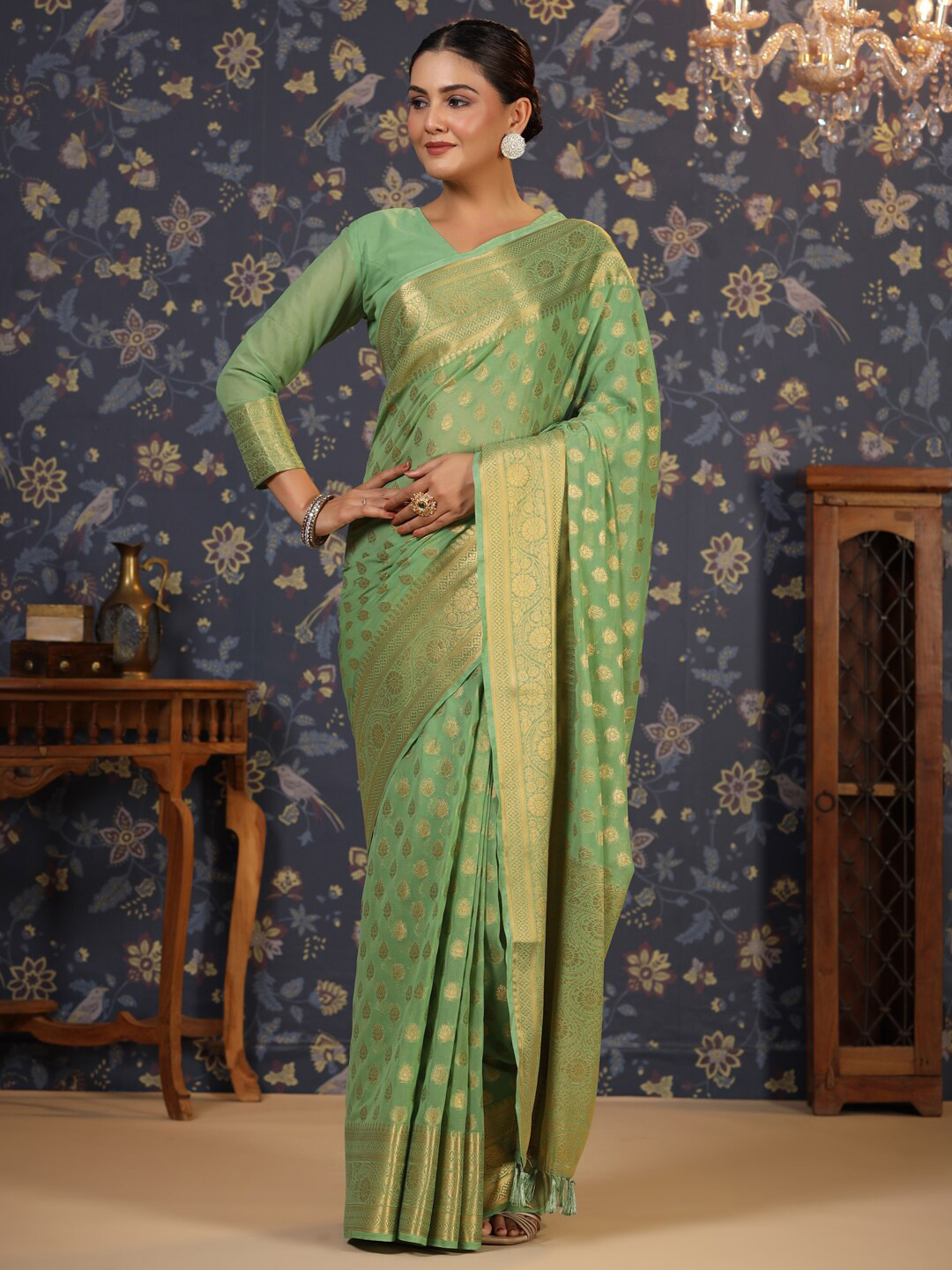 

House of Pataudi Ethnic Motifs Woven Designed Zari Pure Georgette Kanjeevaram Saree, Green