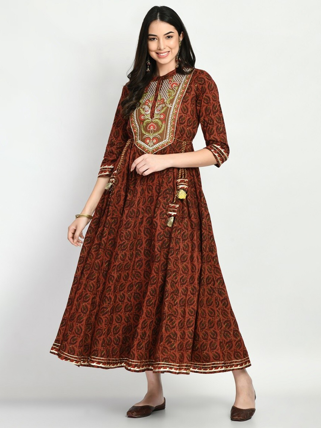 

KALINI Ethnic Motifs Printed Embroidered Detailed Fit & Flare Midi Ethnic Dress, Maroon