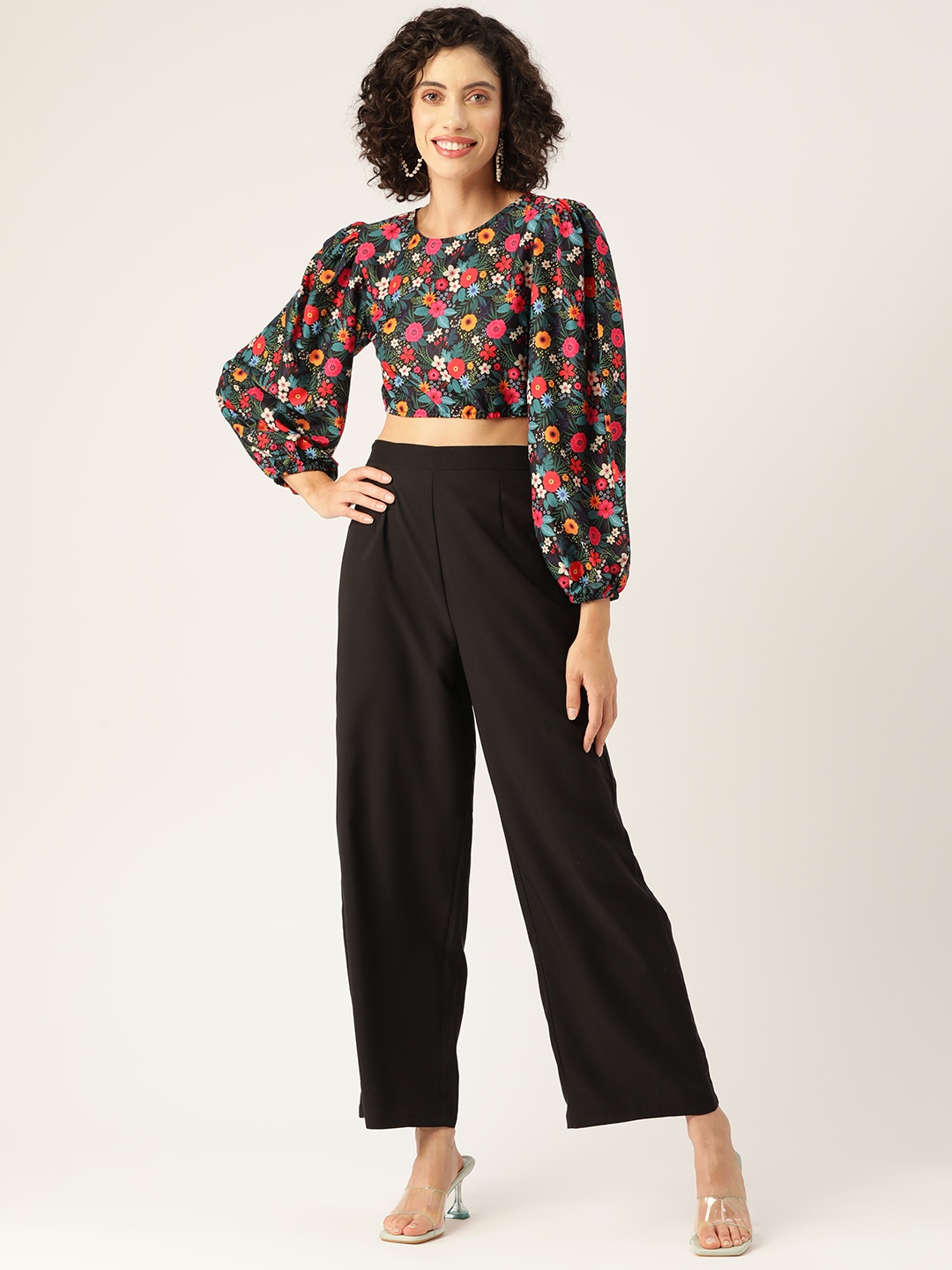 

Sleek Italia Printed Crop Top with Trousers, Black