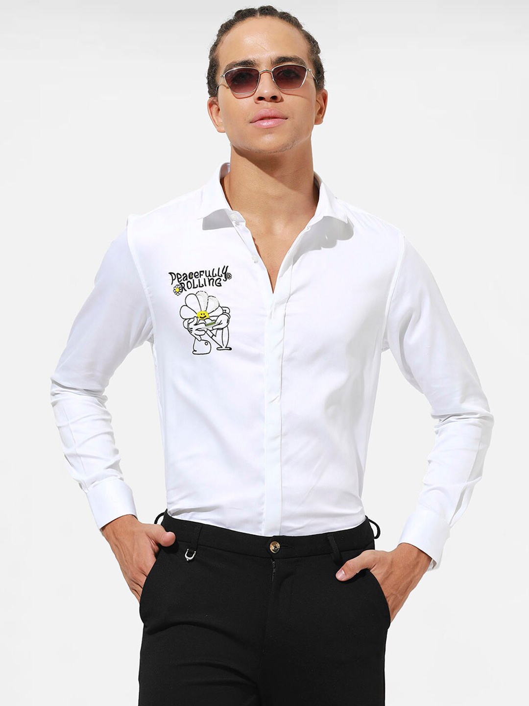 

Komal Kothari Comfort Tailored Fit Typography Printed Cotton Casual Shirt, White
