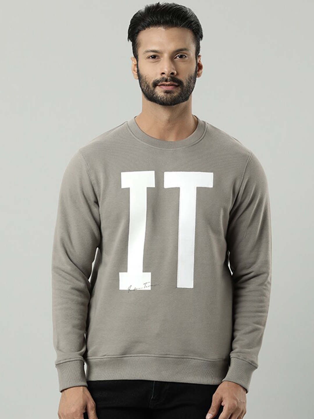 

Indian Terrain Typography Printed Round Neck Pullover, Grey