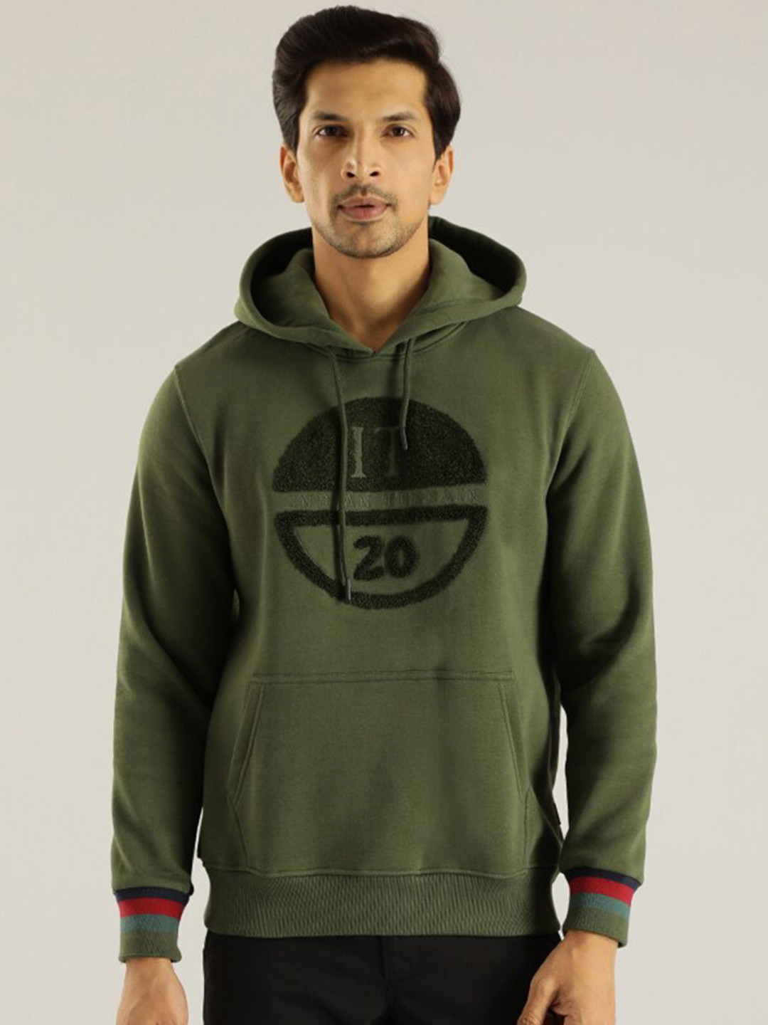 

Indian Terrain Hooded Typography Printed Pullover, Olive