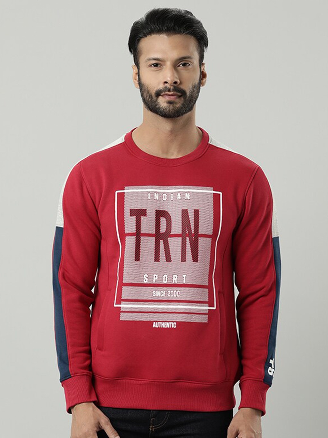 

Indian Terrain Typography Printed Round Neck Pullover, Red