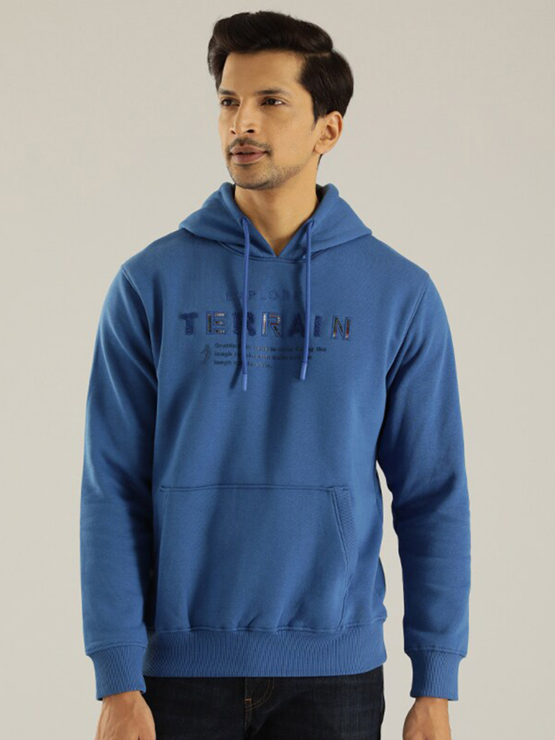 

Indian Terrain Typography Printed Hooded Pullover, Blue