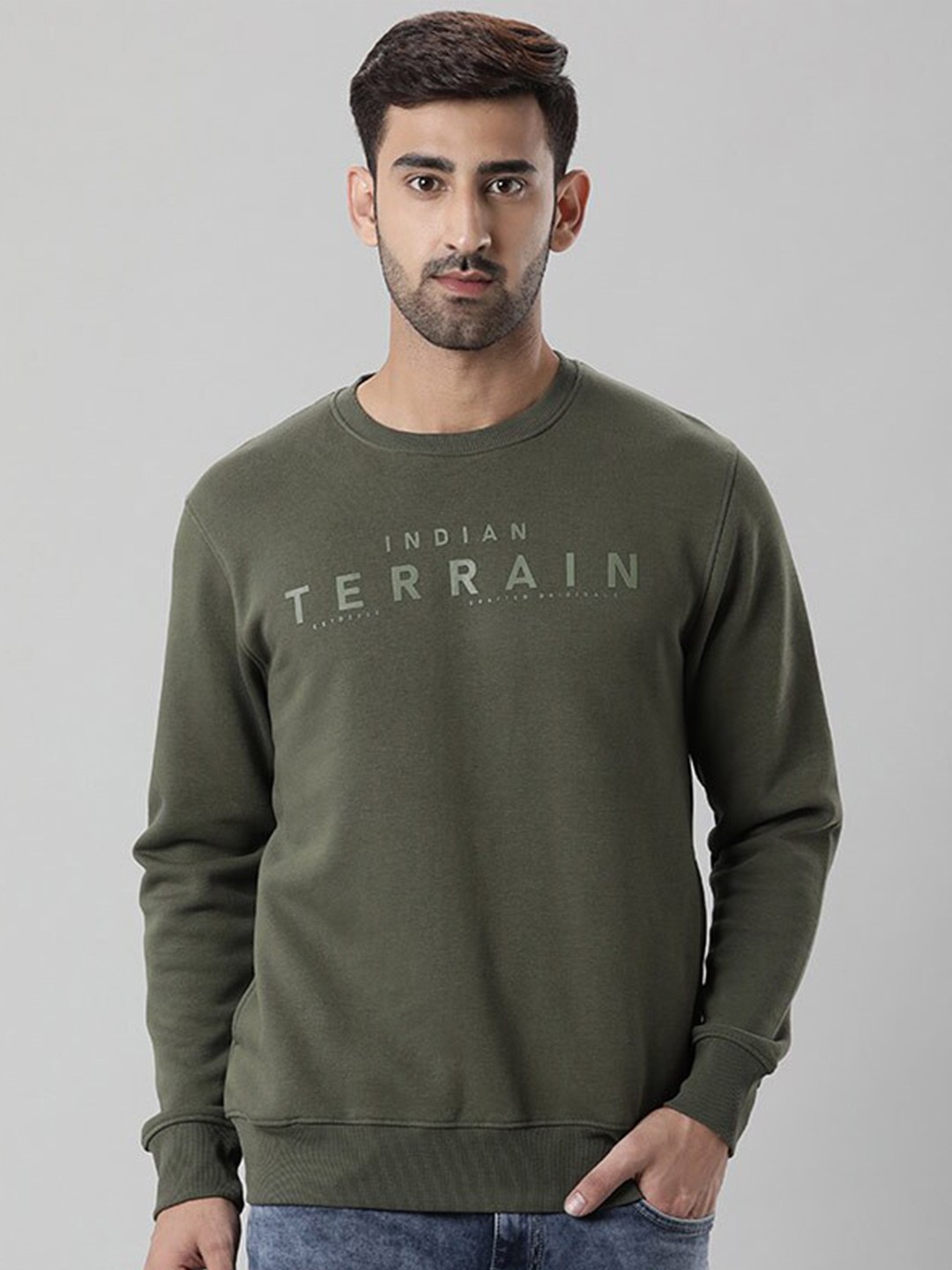 

Indian Terrain Typography Printed Round Neck Pullover, Green