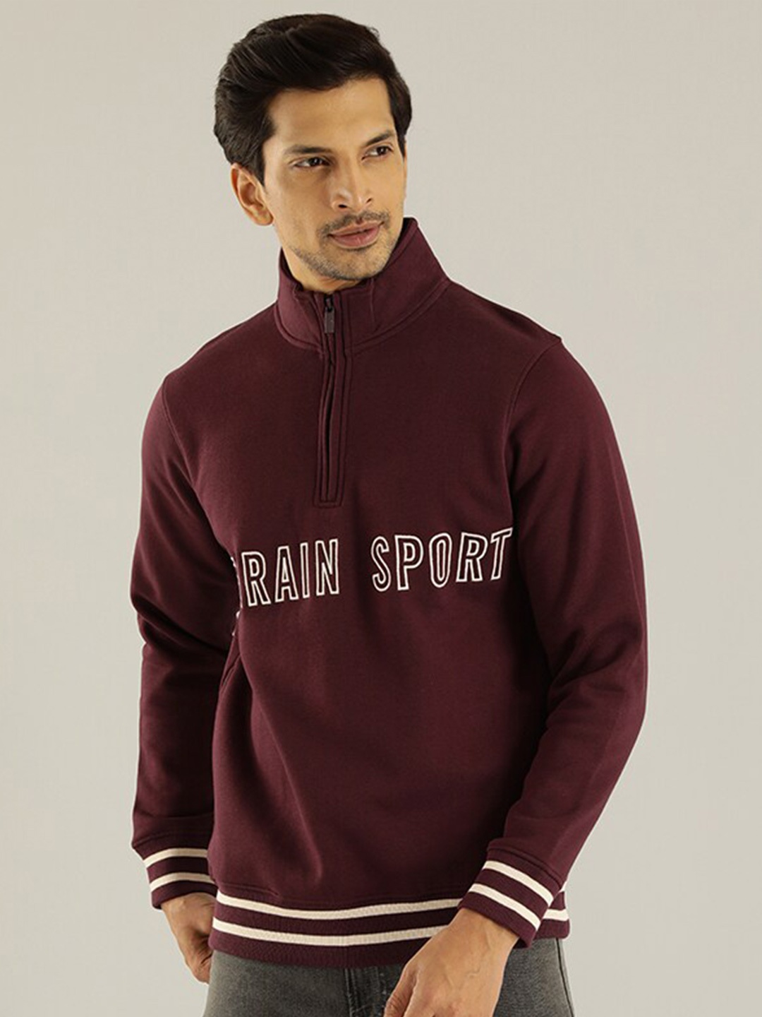 

Indian Terrain Typography Printed Front Open Sweatshirt, Purple