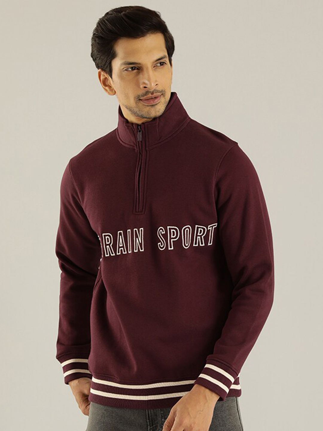 

Indian Terrain Mock Collar Typography Printed Sweatshirt, Purple