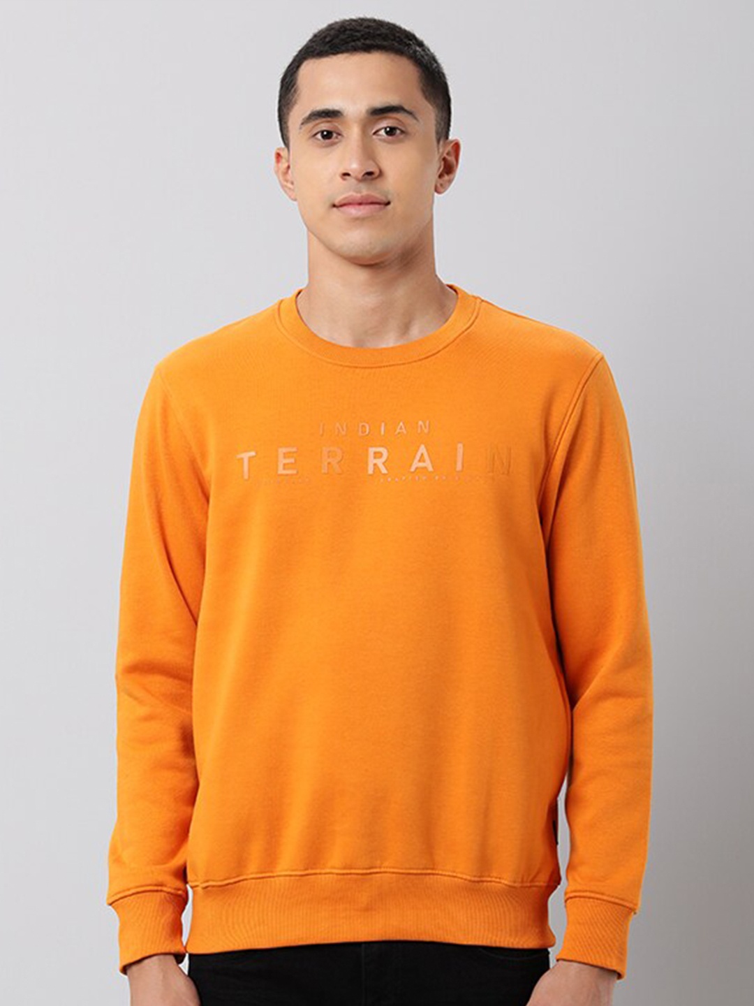 

Indian Terrain Typography Printed Round Neck Cotton Pullover Sweatshirt, Rust