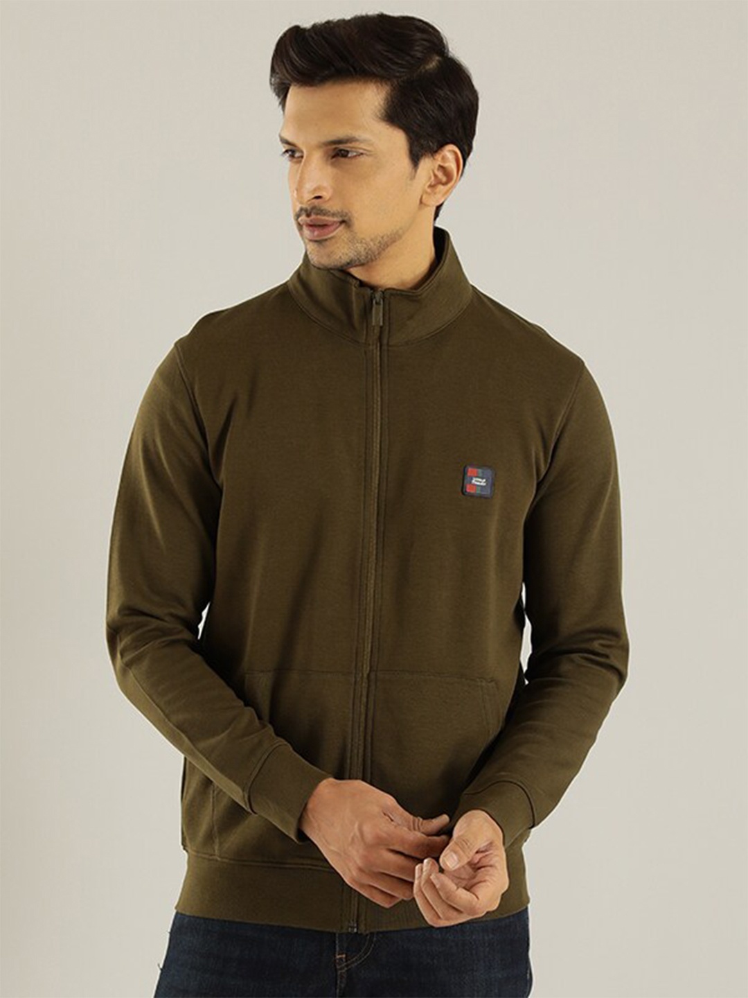 

Indian Terrain High Neck Long Sleeves Cotton Front-Open Sweatshirt, Green