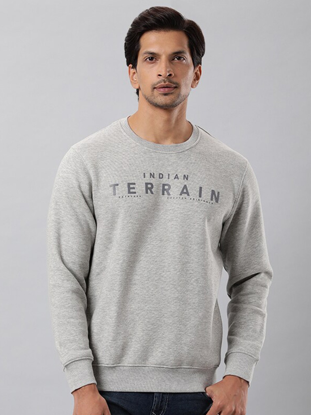 

Indian Terrain Typography Printed Round Neck Cotton Pullover Sweatshirt, Grey
