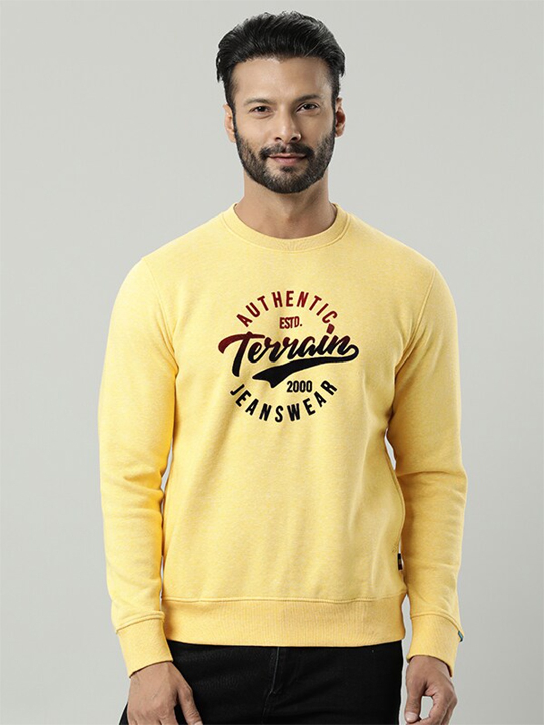 

Indian Terrain Typography Printed Pullover Sweatshirt, Yellow