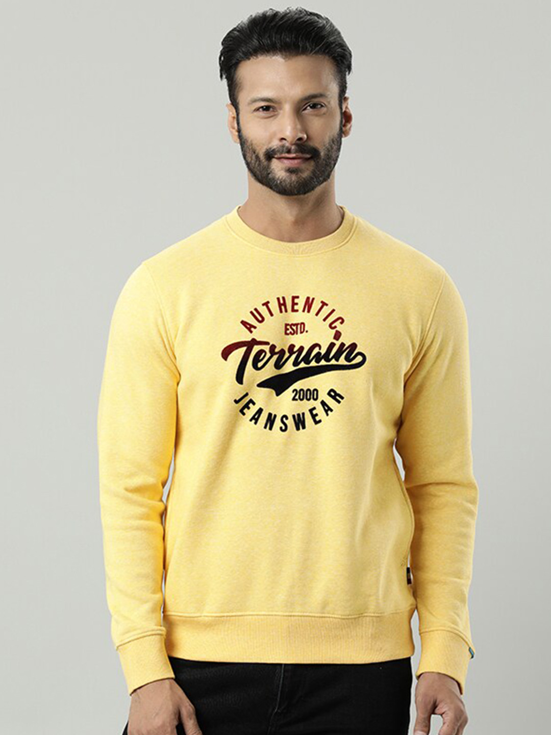 

Indian Terrain Typography Printed Pullover Sweatshirt, Yellow